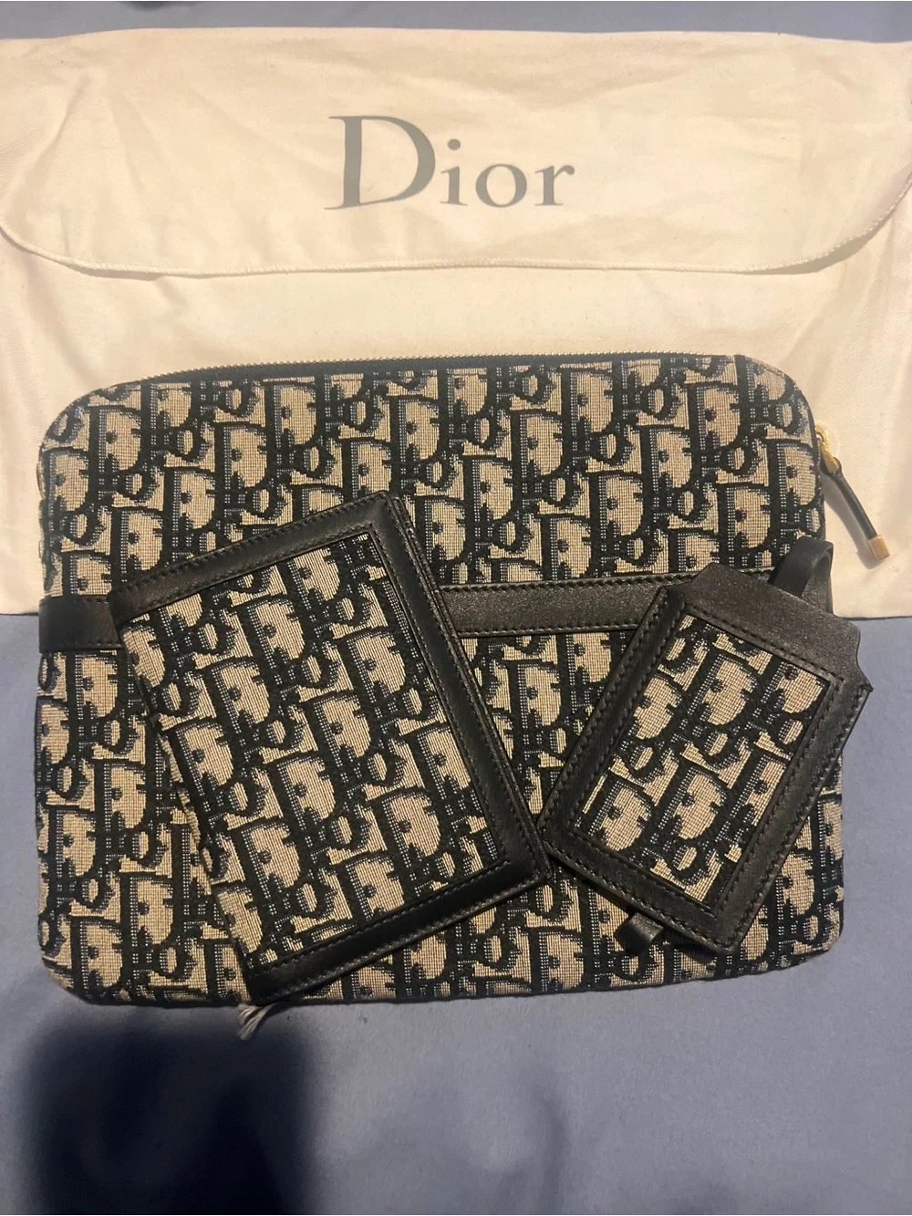 Dior Monogram Canvas Laptop Sleeve in Navy and Beige with Leather Trim